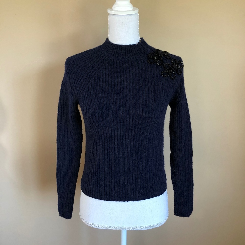 J. Crew | Navy Sweater w/ Beaded Flowers  XS